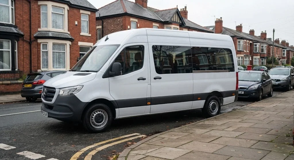 White 12 seater Mercedes-Benz Sprinter minibus parked on a residential street