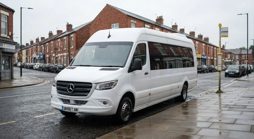 White 16 seater Mercedes-Benz Sprinter minibus parked beside a red-brick terrace