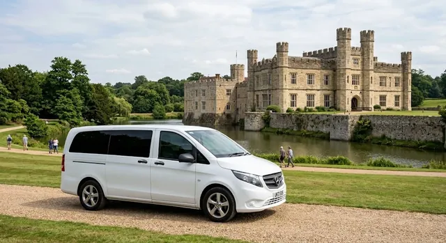 White 8 seater Mercedes-Benz people carrier parked near a castle on a group day trip