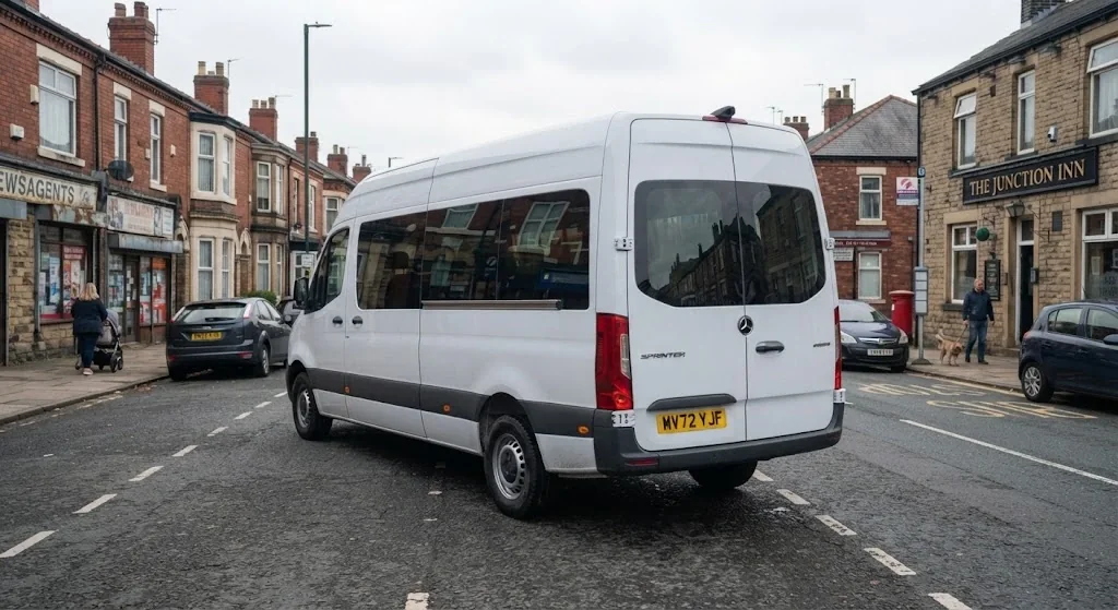 Rear view of a white Mercedes-Benz Sprinter minibus on a high street